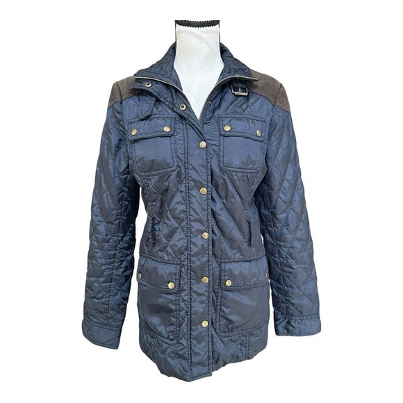 Banana Republic Women’s Quilted Jacket Small Navy Faux Suede Elbow Patches - Picture 1 of 6